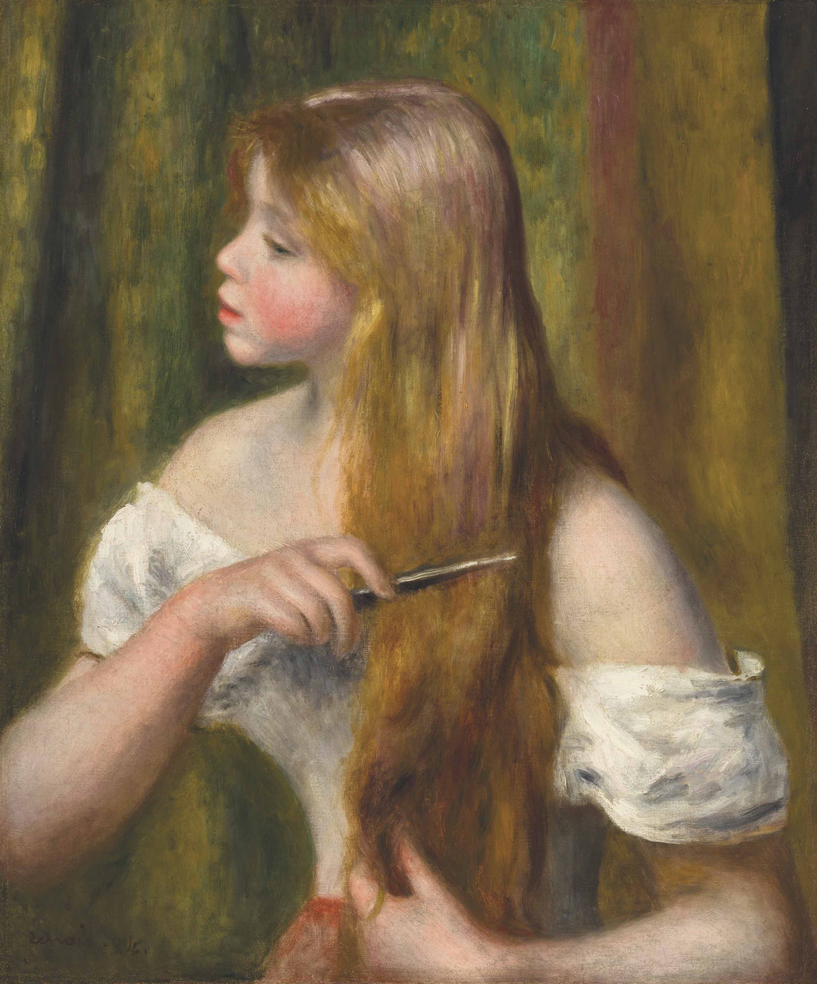 Blonde girl combing her hair, painting by Pierre Auguste Renoir