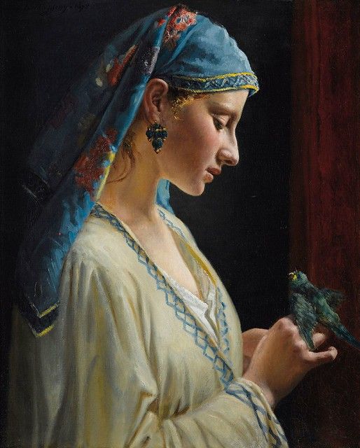 Young woman with parrot, painting by Frédéric-Pierre Tschaggeny